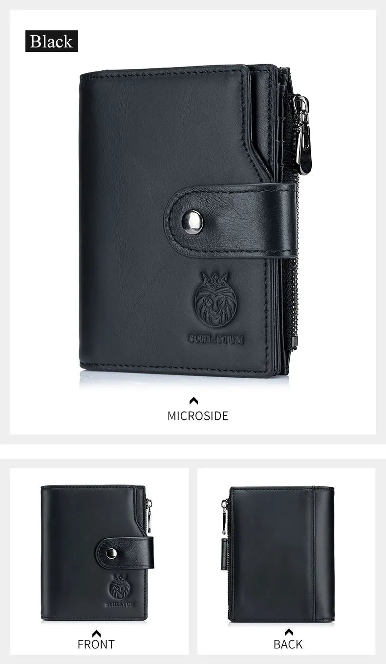 Black genuine leather men's business wallet shown from the front and back views.