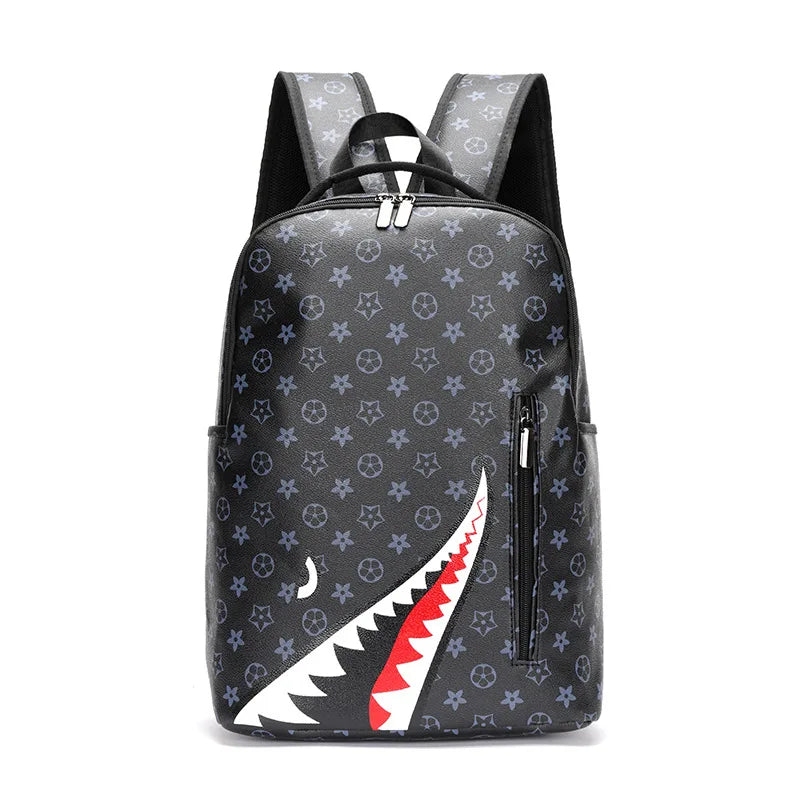 A black plaid laptop backpack with gray and white patterns shown from the back.