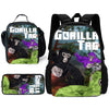 Sac à dos noir avec un motif de gorille, des figures de gorilles violettes et noires sur fond de forêt.