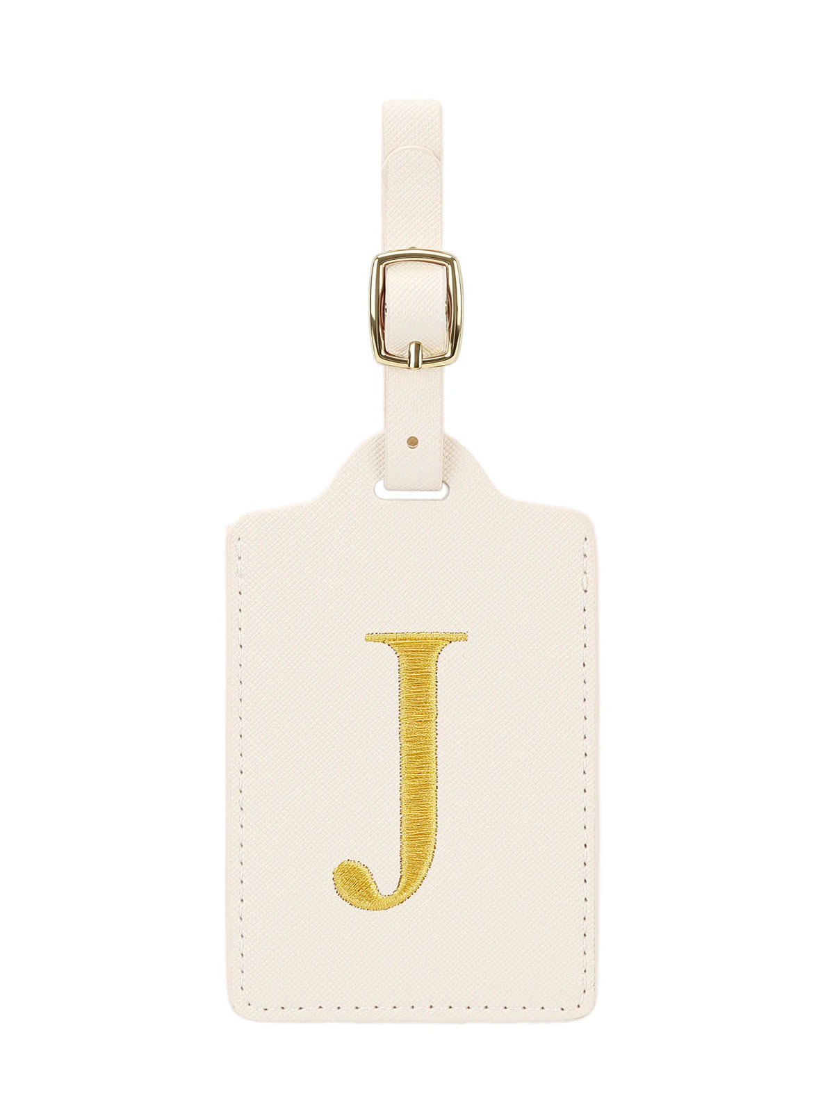 Étiquette de bagage beige en cuir rectangulaire avec une lettre J brodée en or et un clip métallique argenté.