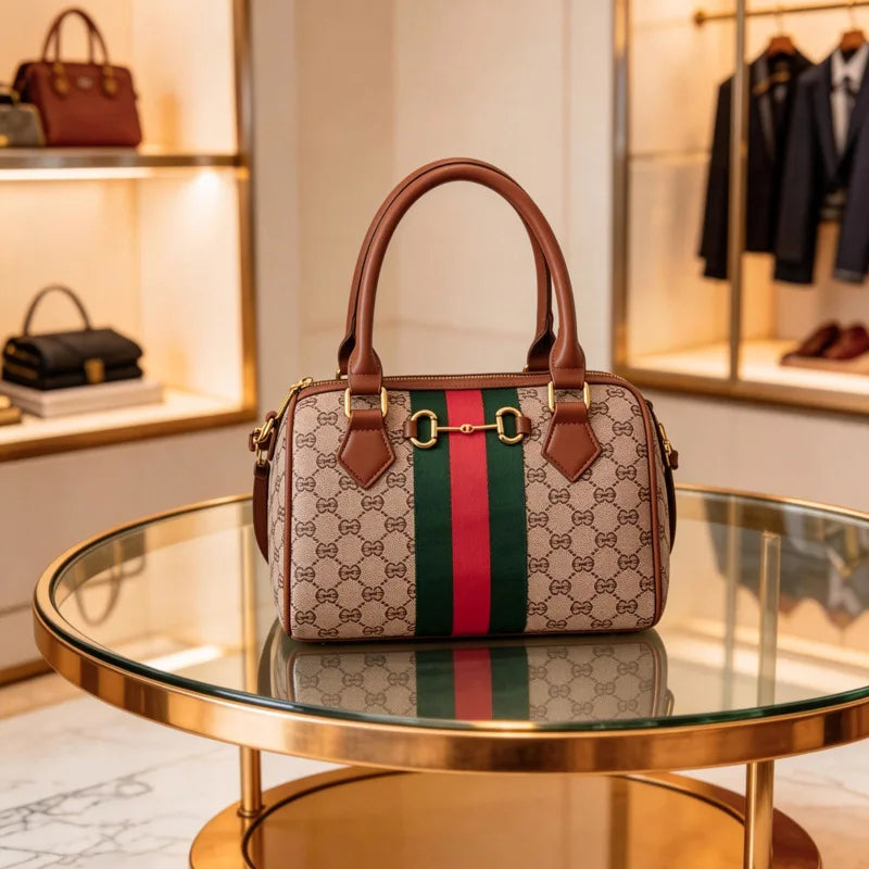 A brown leather tote diaper bag with a Gucci monogram pattern and green and red stripes sits on a glass table.