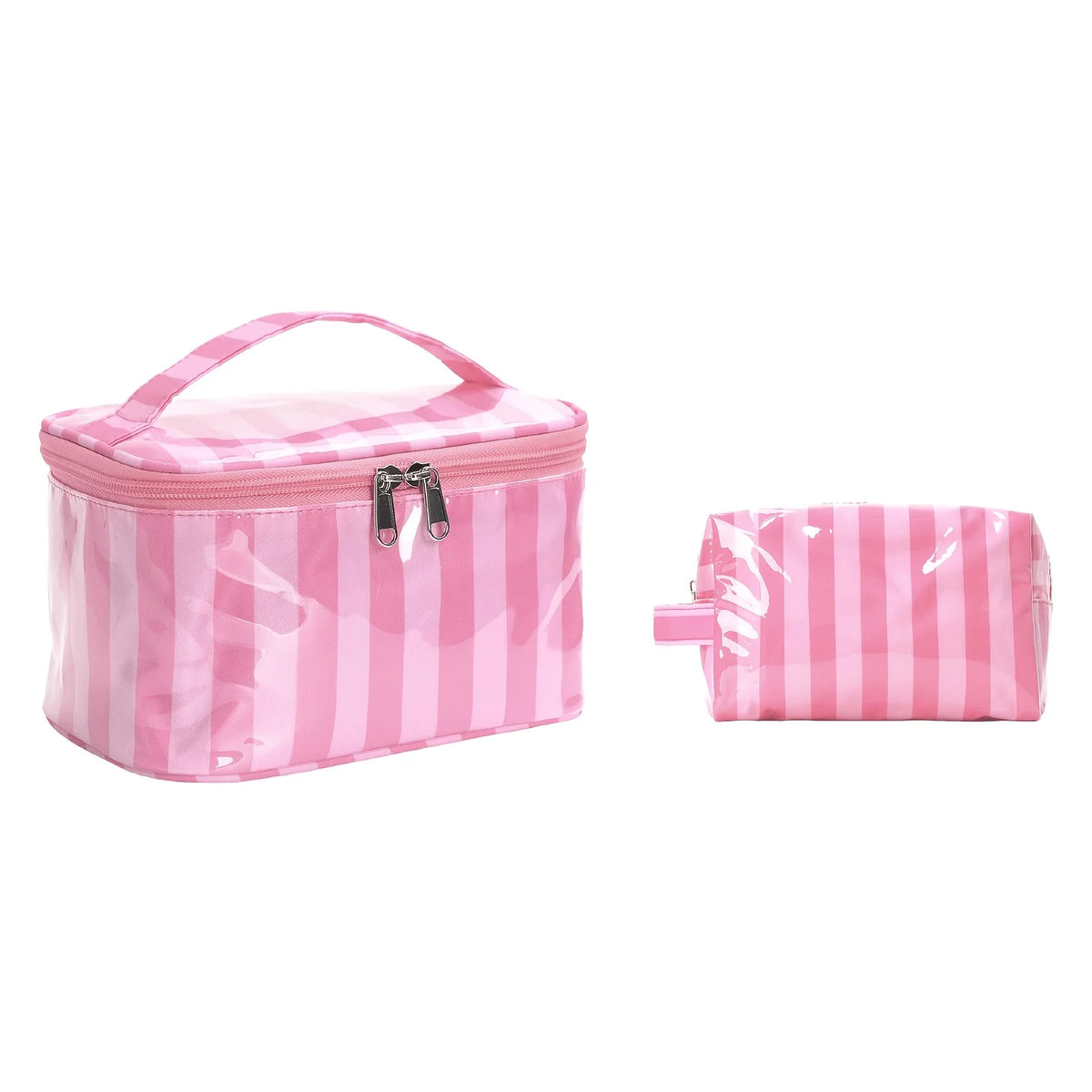 Bolsa de almacenamiento de cosméticos a rayas rosas con asa y cierre para maquillaje y artículos de tocador