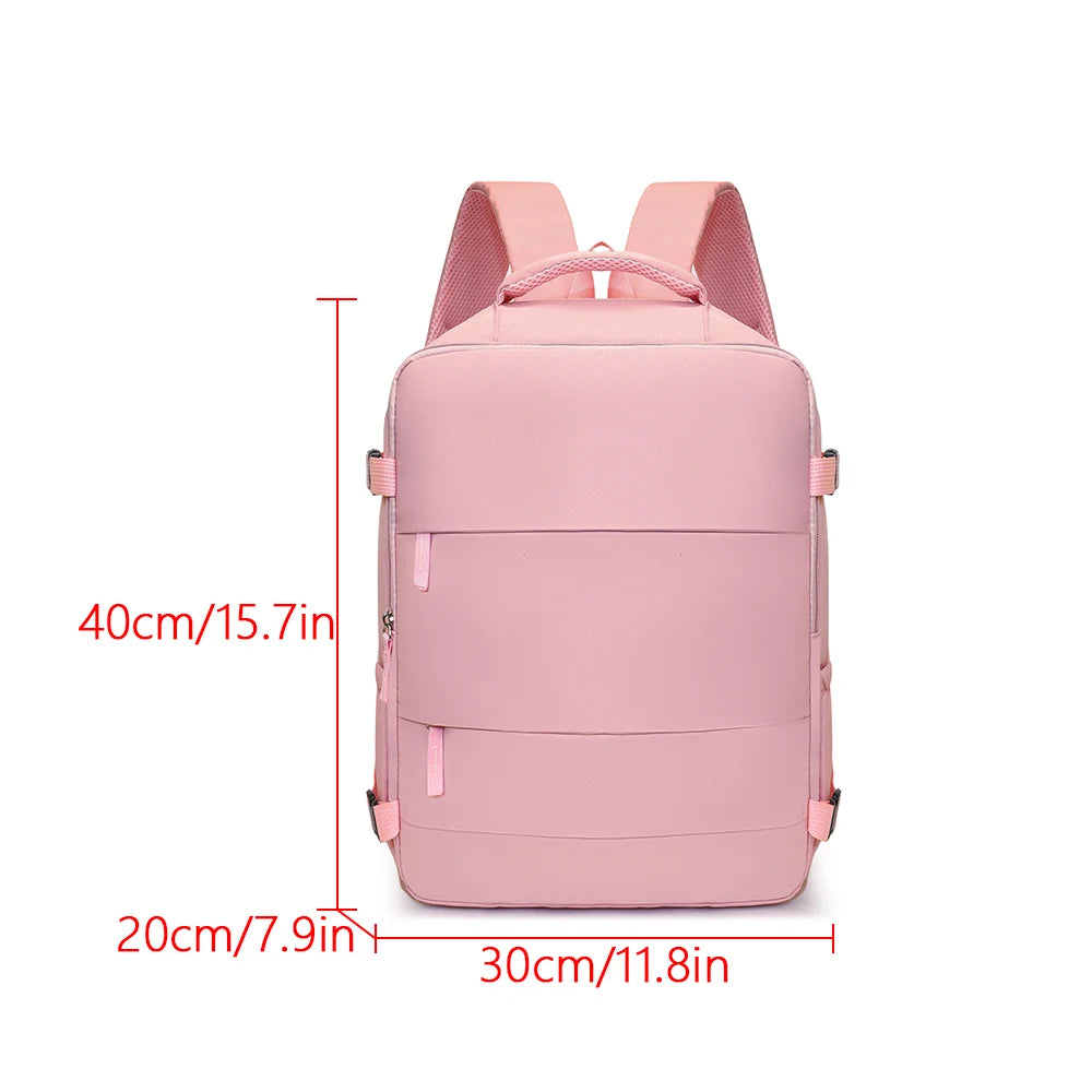Rosa Reise-Gepäcktasche mit gepolsterten Trägern und mehreren Fächern, von hinten gezeigt.