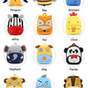 A display of various cartoon animal plush backpacks including hippo, giraffe, pig, penguin, bee, dinosaur, zebra, fox, chick,