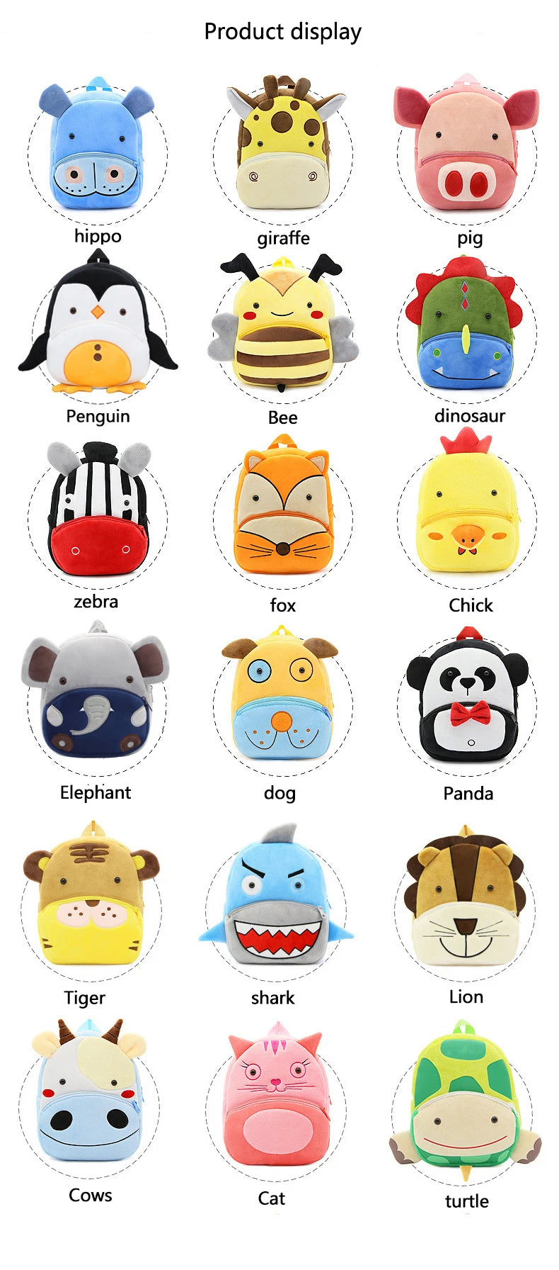 A display of various cartoon animal plush backpacks including hippo, giraffe, pig, penguin, bee, dinosaur, zebra, fox, chick,