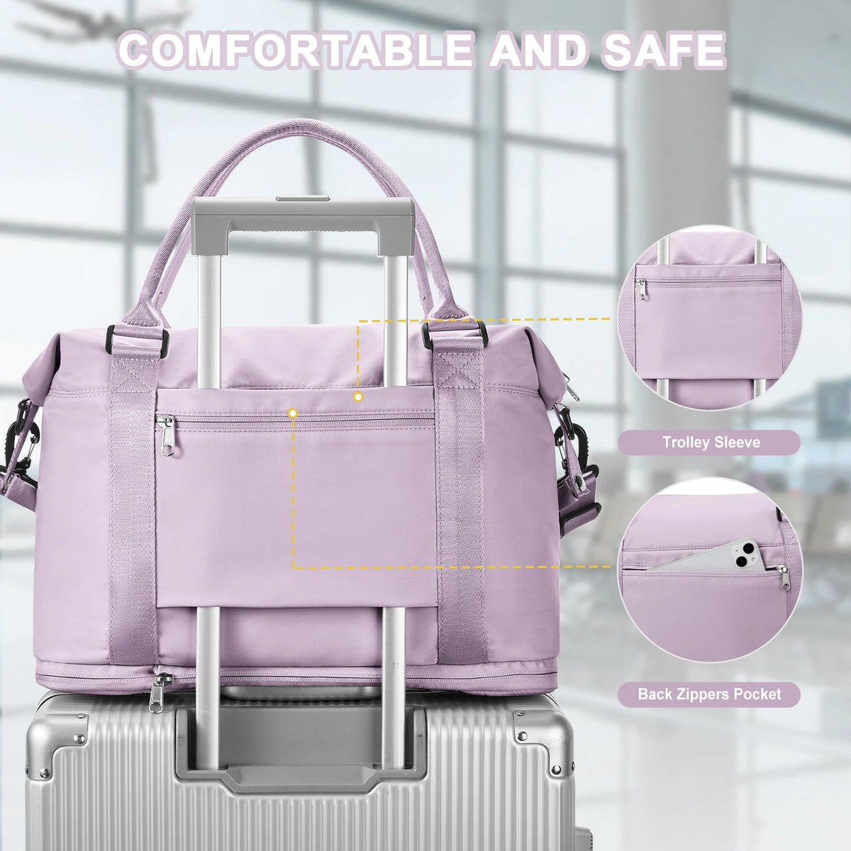 Una bolsa de viaje morada clara con asa y soporte para maleta, mostrada junto a una maleta.
