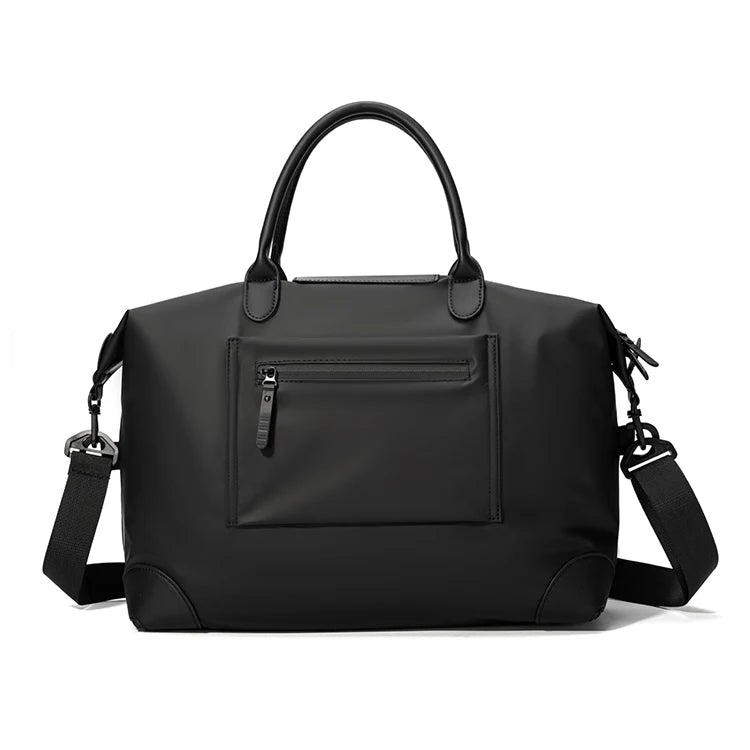 A black durable nylon travel duffle bag with a top handle and shoulder straps.
