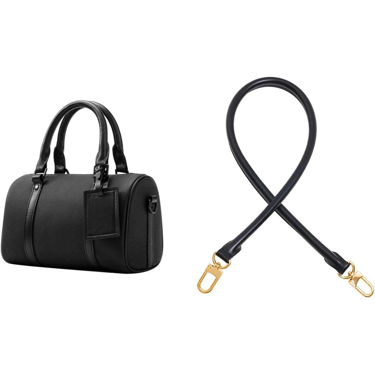 Black genuine leather replacement shoulder strap for a classic handbag