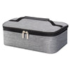 A gray insulated mini lunch bag with a black zipper and silver clasps.