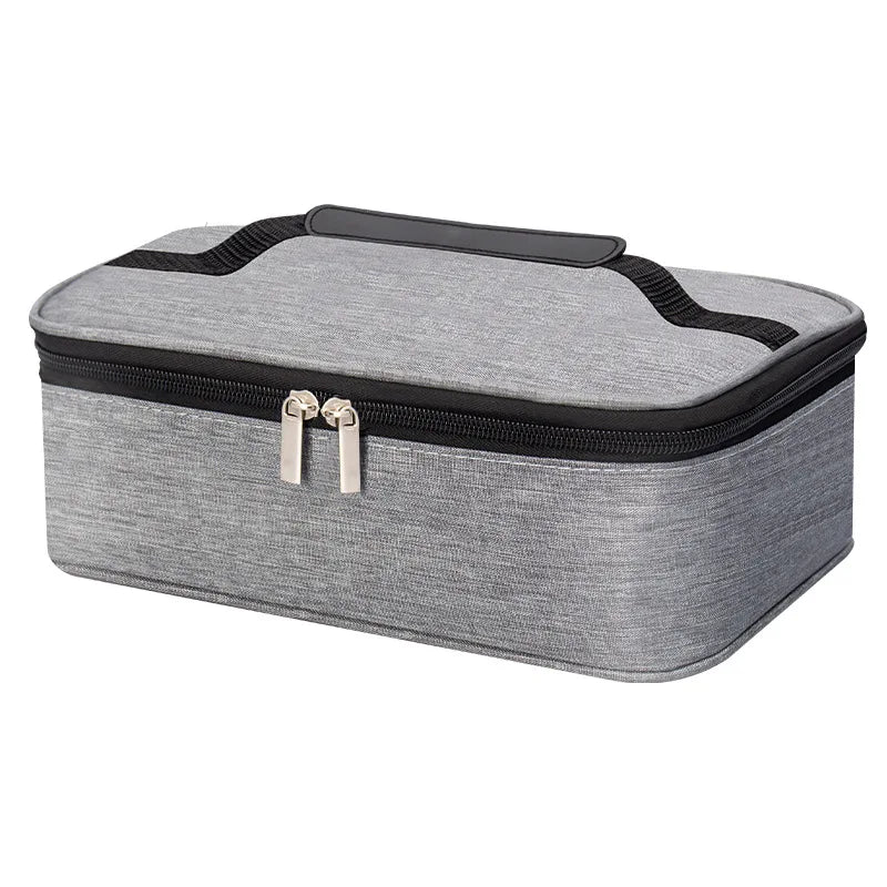 A gray insulated mini lunch bag with a black zipper and silver clasps.