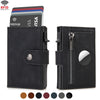 A black leather wallet with a zipper compartment and an RFID card slot is shown next to a stack of credit cards.
