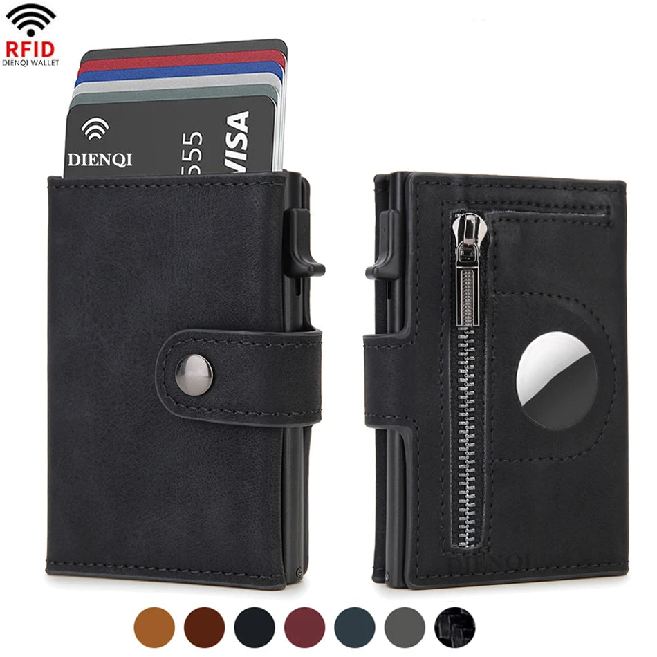 A black leather wallet with a zipper compartment and an RFID card slot is shown next to a stack of credit cards.
