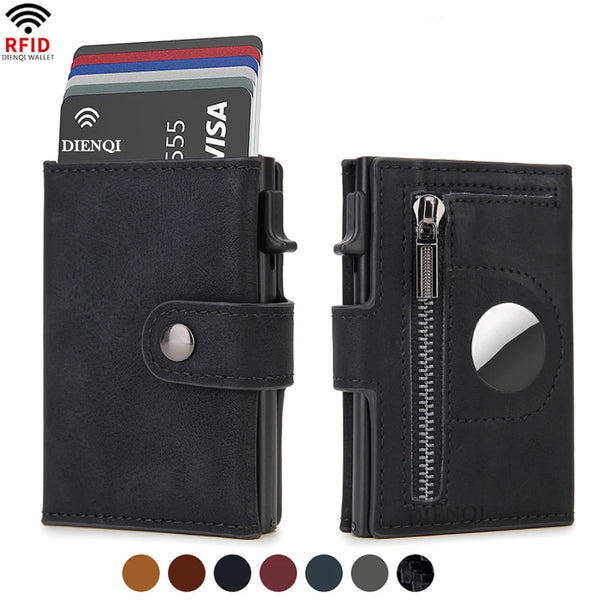 A black leather wallet with a zipper compartment and an RFID card slot is shown next to a stack of credit cards.