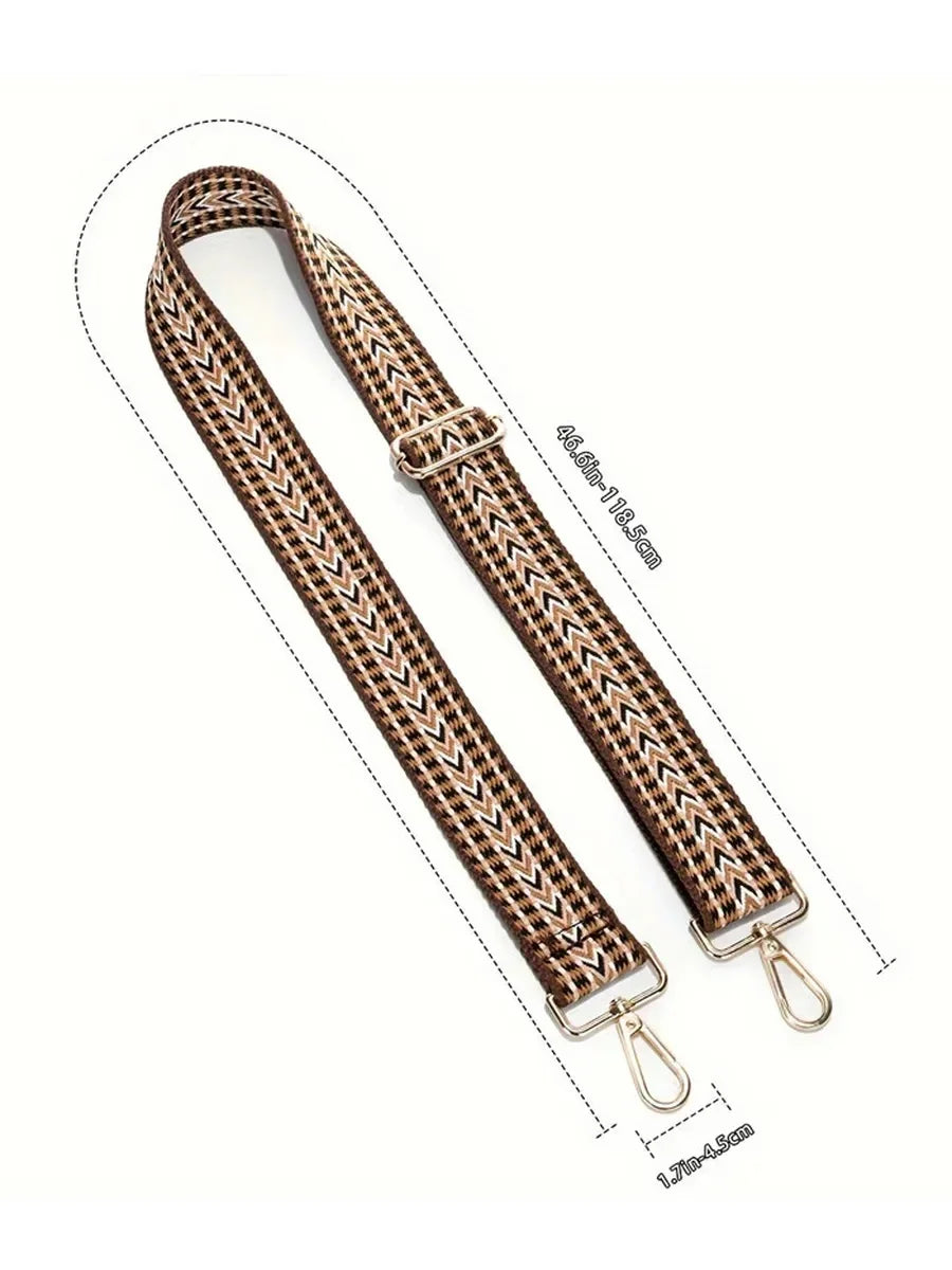 A brown and beige woven textile replacement bag strap with metal clasps.