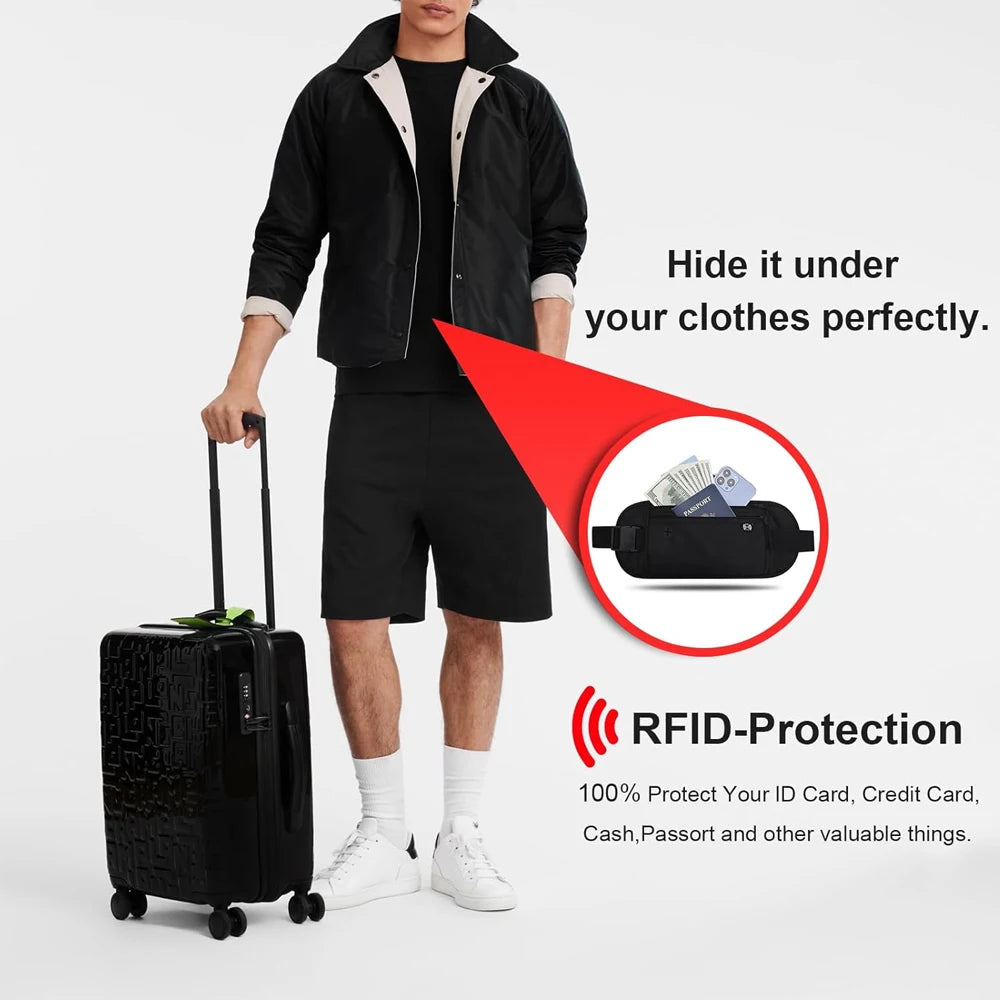 A person wearing a black jacket and shorts demonstrates an RFID blocking anti-theft money belt hidden under clothing.