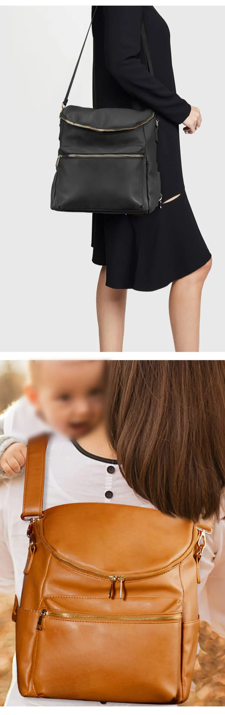 A close-up of a tan leather backpack diaper bag with gold zippers being held by a baby.