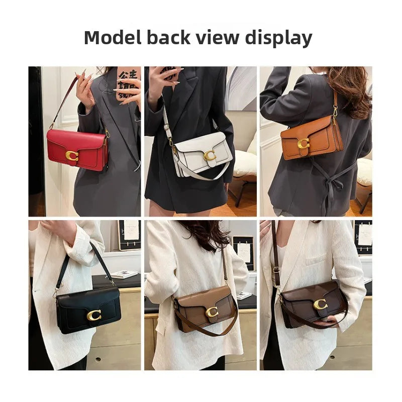 A display showing various models wearing a women's premium textured shoulder bag in different colors and styles.
