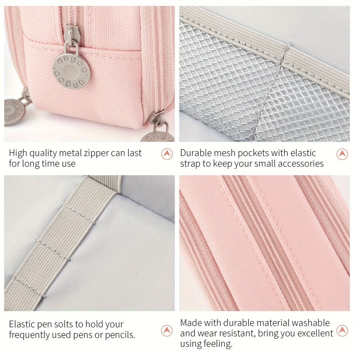 Pink multi-layer pencil case featuring a metal zipper, mesh pockets, and elastic pen slots.