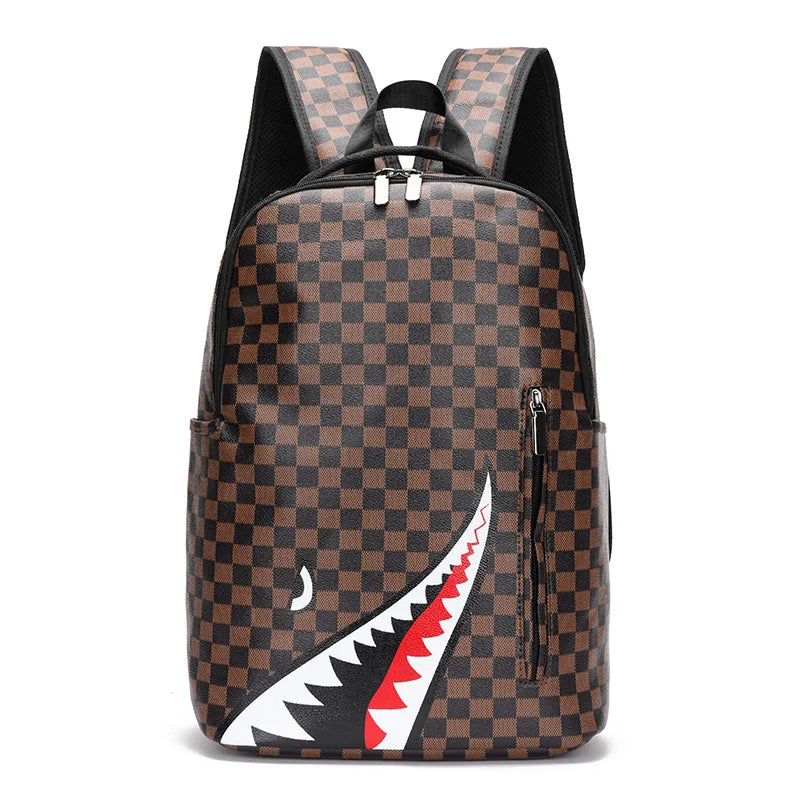 A brown and black checkered plaid laptop backpack with a white shark-like graphic detail.