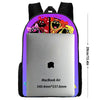 A laptop is placed inside a purple backpack featuring cartoon characters on the front.