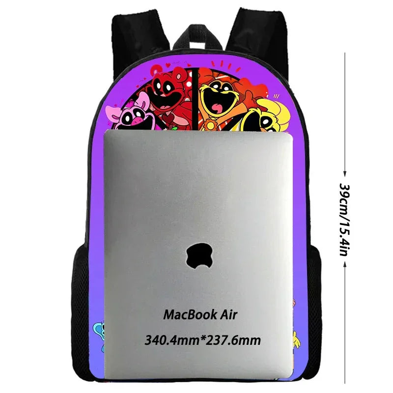 A laptop is placed inside a purple backpack featuring cartoon characters on the front.