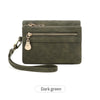 A dark green retro PU leather double fold wallet with a zipper and leather strap.