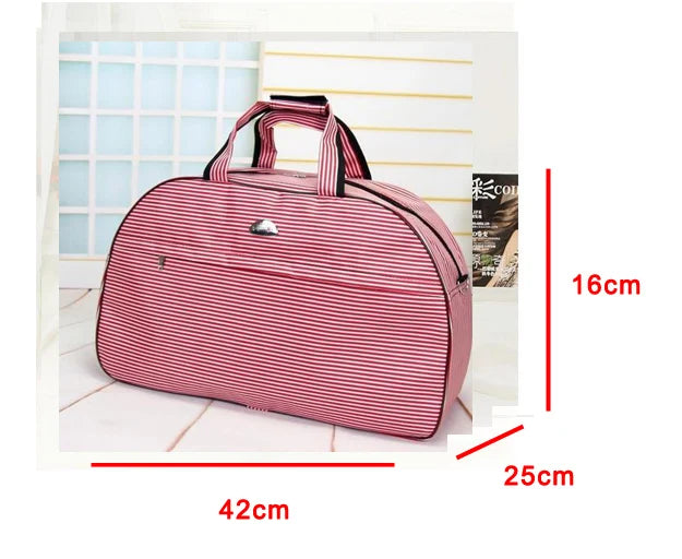 A pink and red striped PU leather travel duffel bag with handles shown in a studio setting.