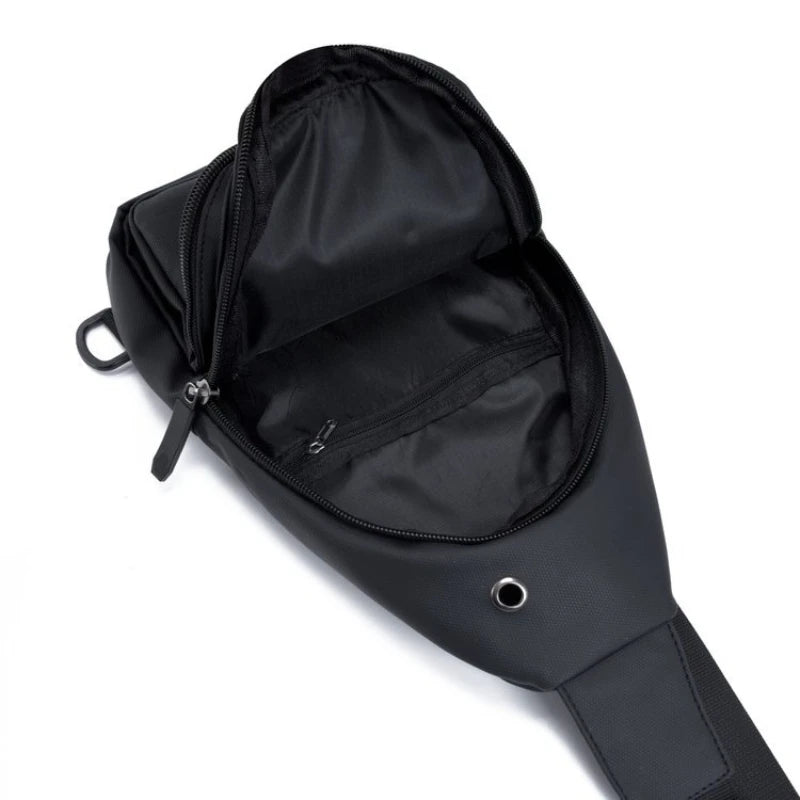 Black men's adjustable chest crossbody sling bag shown from the top view