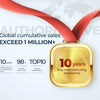 Gold medal ribbon award featuring text about global cumulative sales exceeding 1 million and 10 years of bag manufacturing ex