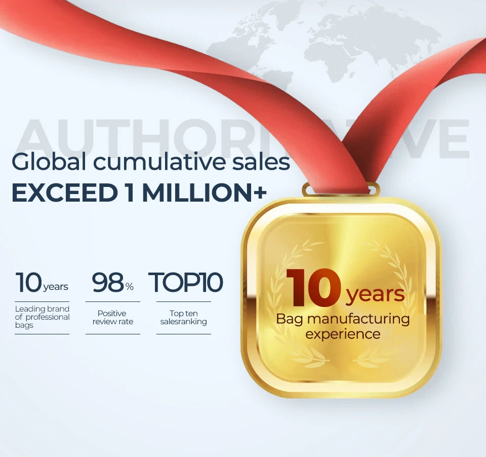 Gold medal ribbon award featuring text about global cumulative sales exceeding 1 million and 10 years of bag manufacturing ex
