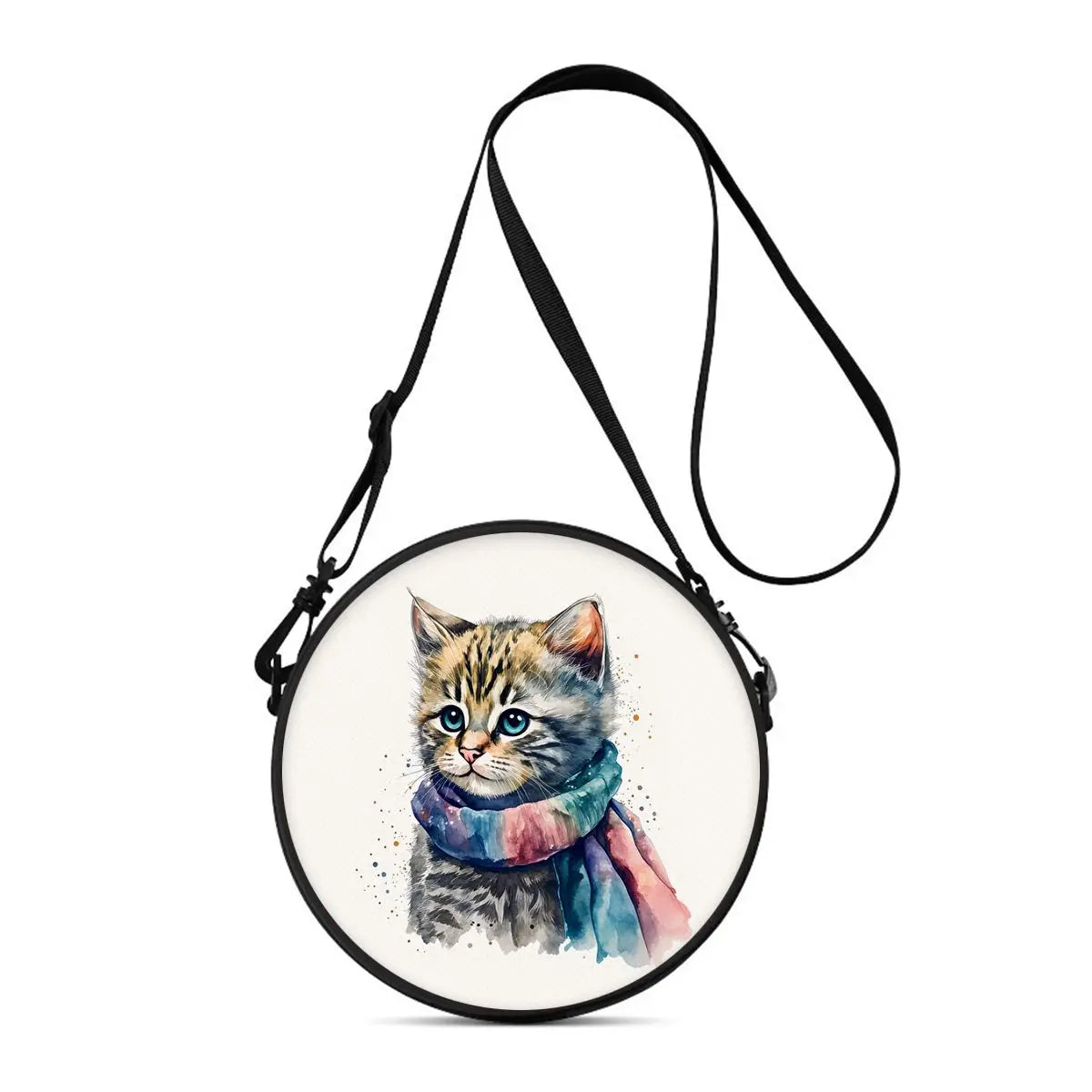 A round crossbody bag featuring a cartoon kitten design with blue and pink accents.