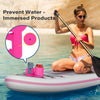 A woman sits on a pink kayak with a multi-functional drink holder and phone stand, demonstrating water immersion protection.