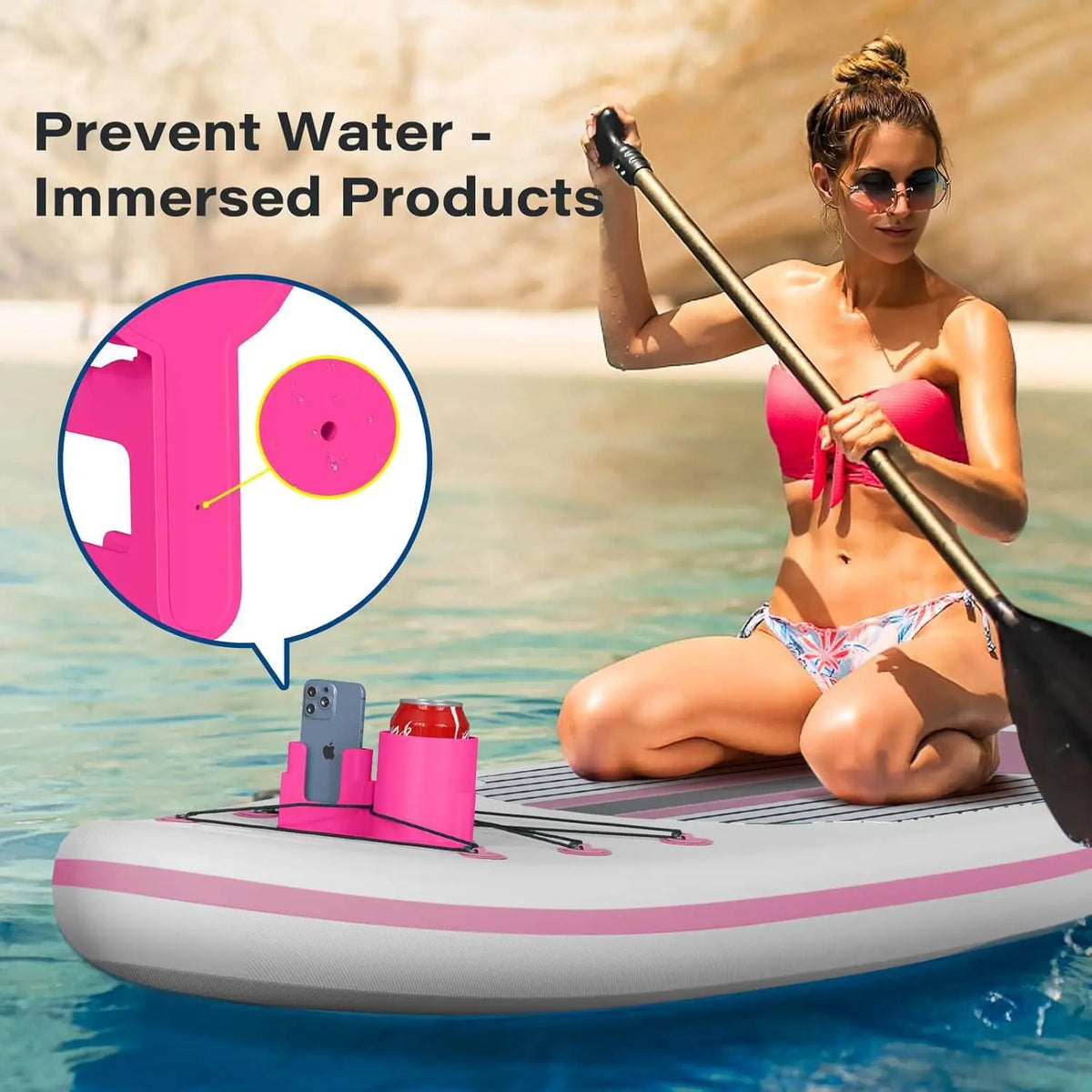 A woman sits on a pink kayak with a multi-functional drink holder and phone stand, demonstrating water immersion protection.
