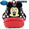 Mochila de tela roja con lunares de un ratón de goma de peluche con orejas de Minnie Mouse.