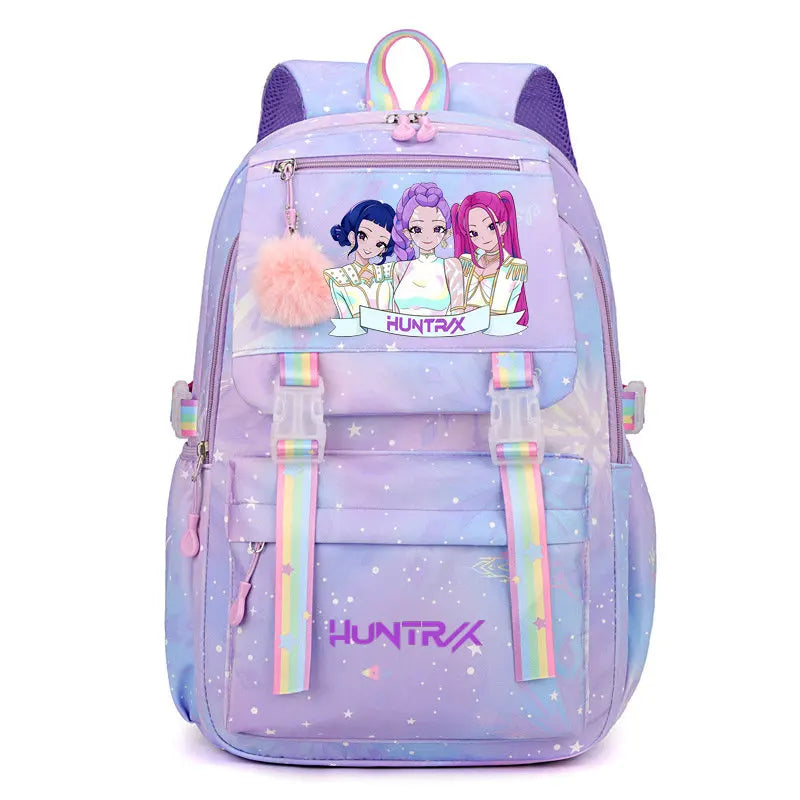 A purple and pink Jacquard laptop backpack featuring characters from Huntrix