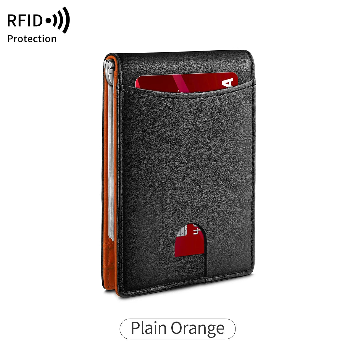 A black men's wallet with a leather exterior and an orange accent, shown against a white background.