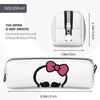 White elegant leather pencil case featuring a pink bow design and a smooth zipper.