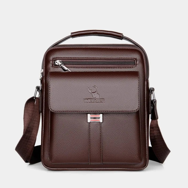 A dark brown vintage PU leather crossbody messenger bag with a top handle and flap pocket.