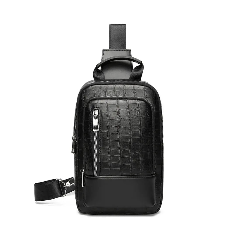 Black men's geometric pattern crossbody bag with a zipper closure