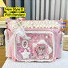 Pink transparent shoulder tote bag with a white lace pendant and floral embellishments