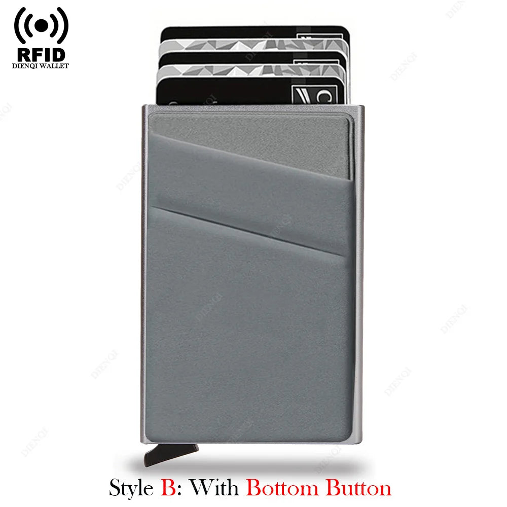 A gray card holder with a bottom button, designed to block RFID signals.