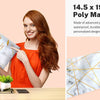 A woman holds a white poly mailer with gold foil text against a light background.