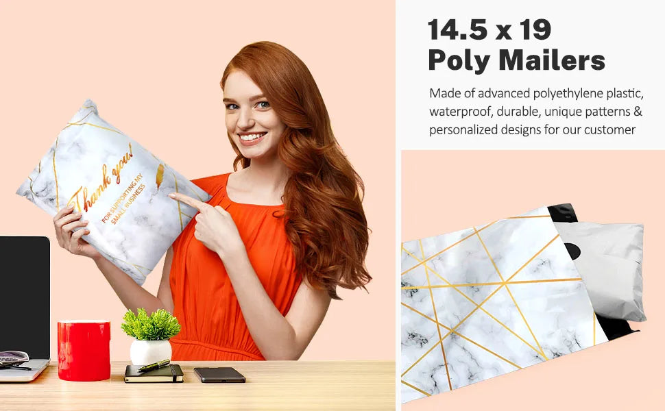 A woman holds a white poly mailer with gold foil text against a light background.