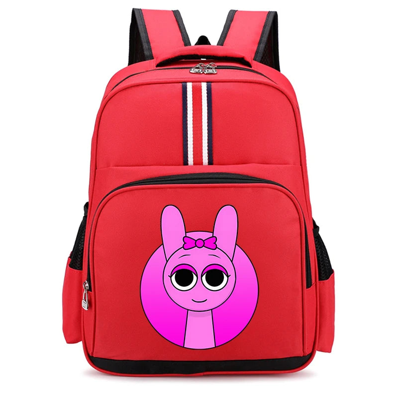 A bright red cartoon anime backpack featuring a pink character design.