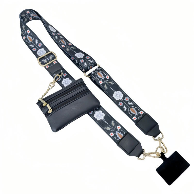 Black patterned lanyard with a detachable black leather wallet and clip.