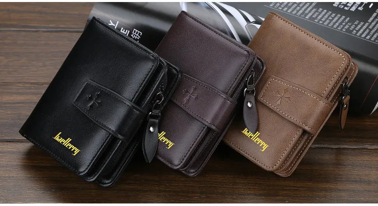 Three brown and black PU leather card holder wallets are displayed on a dark wooden surface.