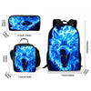 A blue wolf cartoon themed 3-piece backpack set featuring a backpack, lunch bag, and pencil case.