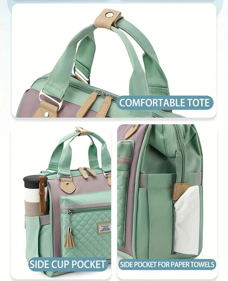 Sac fourre-tout vert isolé avec anses beige et poches latérales pour le stockage de nourriture.
