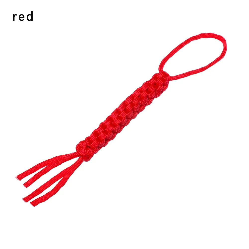 Red 7-strand paracord keychain with a loop and multiple strands extending from the end