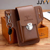 A brown leather waist bag with a belt clip is shown resting in a wooden box.